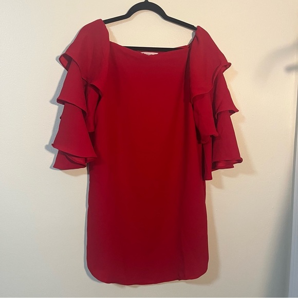 Nanette Lepore Red Mini Dress Tiered Ruffled Sleeves Size 6 Hoco Formal Holiday - Picture 2 of 6